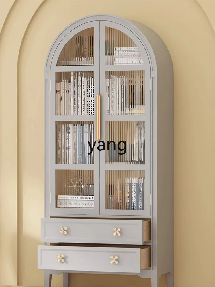 LTT French Solid Wood Arched Bookcase Living Room Vintage Glass Door Display Cabinet Wall Locker