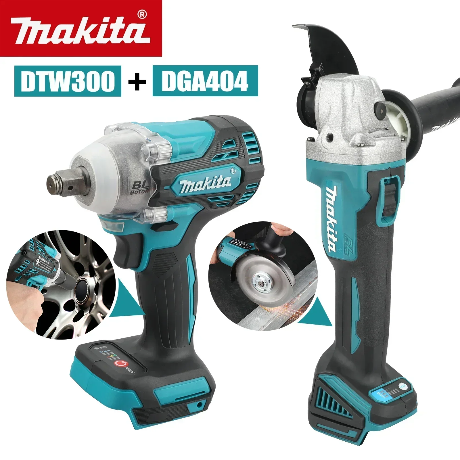 Makita 18V 2-in-1 Tool Set: DTW300 Impact Wrench (580N.m) + DGA404 Grinder for Efficient Car Repair & Metal Processing Tasks