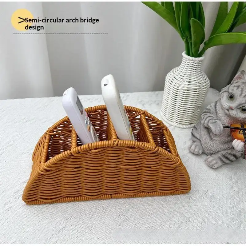 For Air Conditioner Remote Control Holder Desktop Bedroom Synthetic Rattan Organizer Divided Basket Remote Storage Box