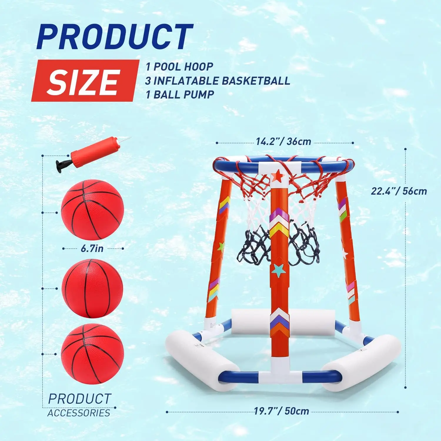 EagleStone Pool Basketball, Floating Hoop, Inflatable Toys, 3 Balls, Pump, Stickers