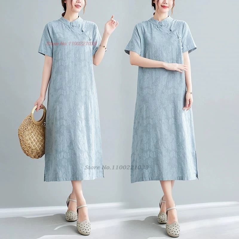 

2024 traditional chinese vintage dress improved cheongsam national cotton linen jacquard qipao dress oriental folk long dress