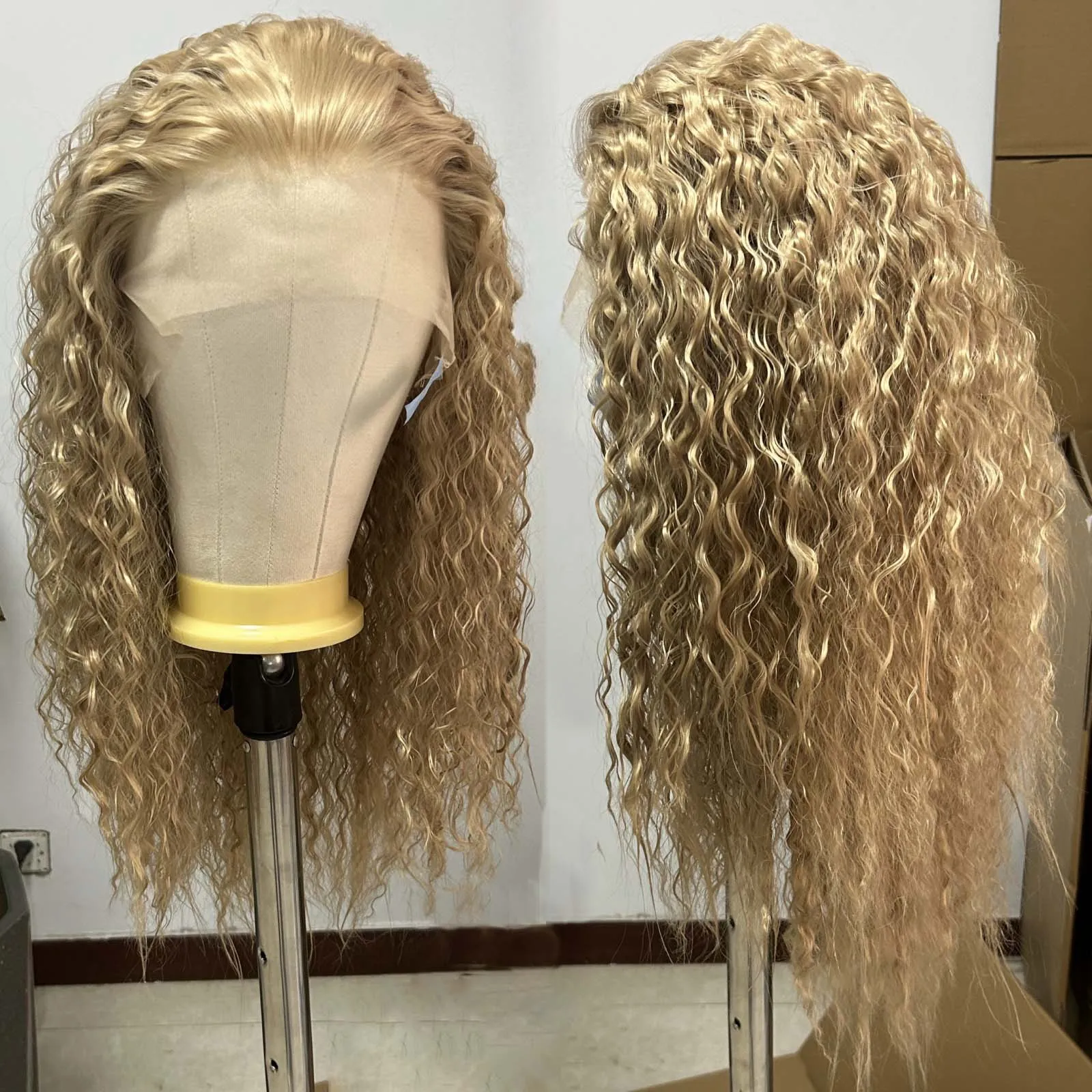 الرماد شقراء مجعد الاصطناعية الدانتيل شعر مستعار أمامي جزء مجاني طويل شقراء فضفاض مجعد 13X4 أمامي ألياف مقاومة للحرارة الباروكات للنساء #4