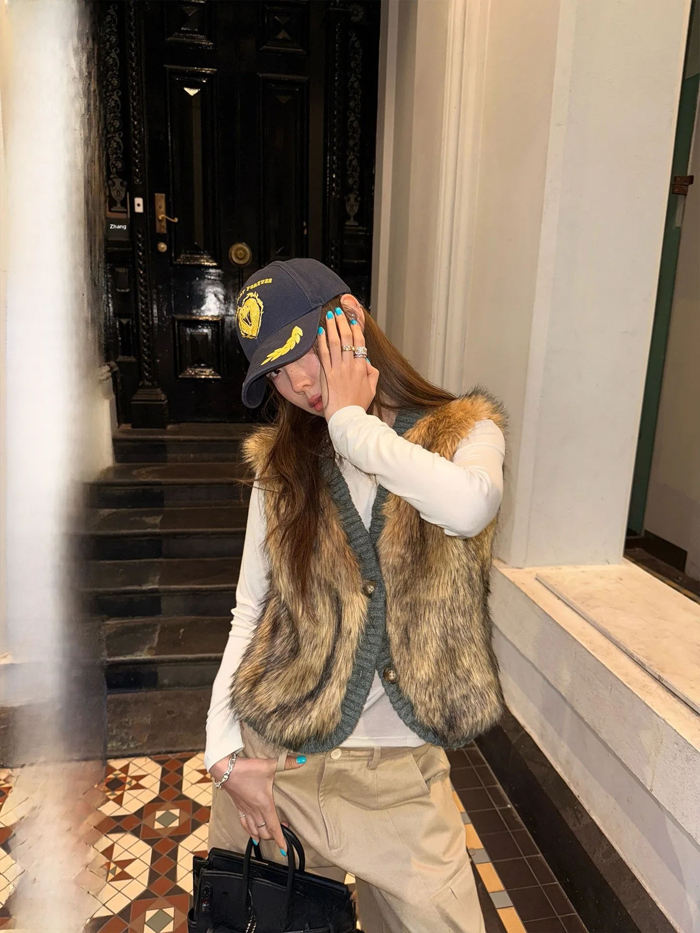 

Eco-Friendly Fur Patchwork Knitted Vest Ranwear Exclusive Mani Time Difference Women's Faion Vintage Sle Stand Fit V-Ne