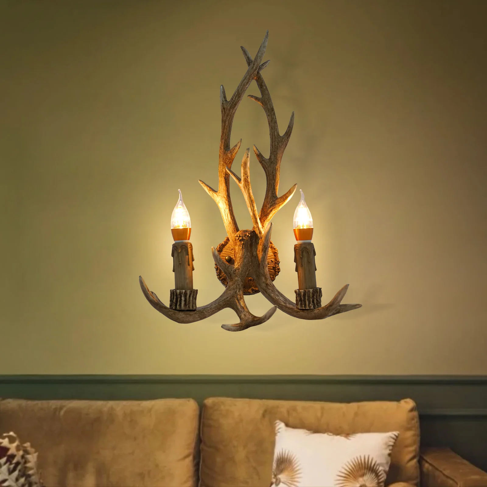 

Vintage 2-Lights Candle Antler Chandelier Light Deer Horn Wall LED Pendant Lamp E14 Room Decor Lamps for Living Room