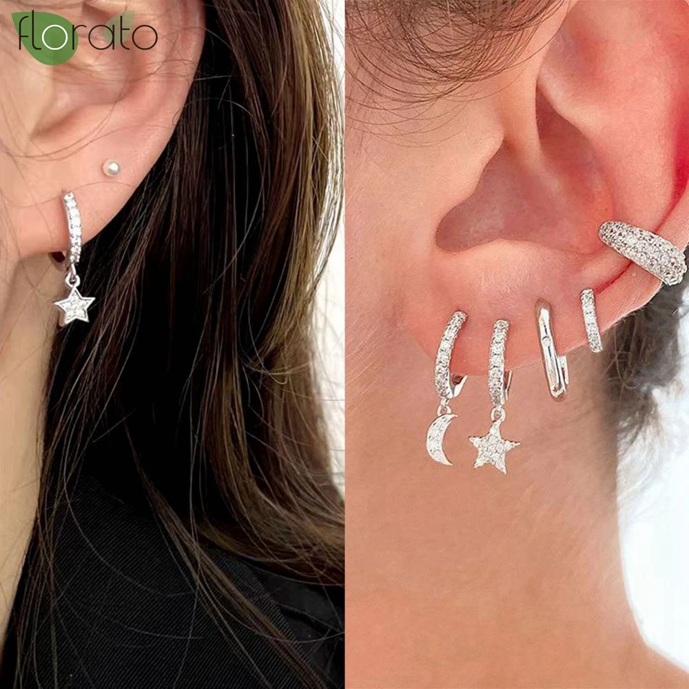925 Sterling Silver Needle Little Huggies Hoop Earrings for Women Tiny Crystal Zirco Pendant Cartilage Earrings Piercing Jewelry