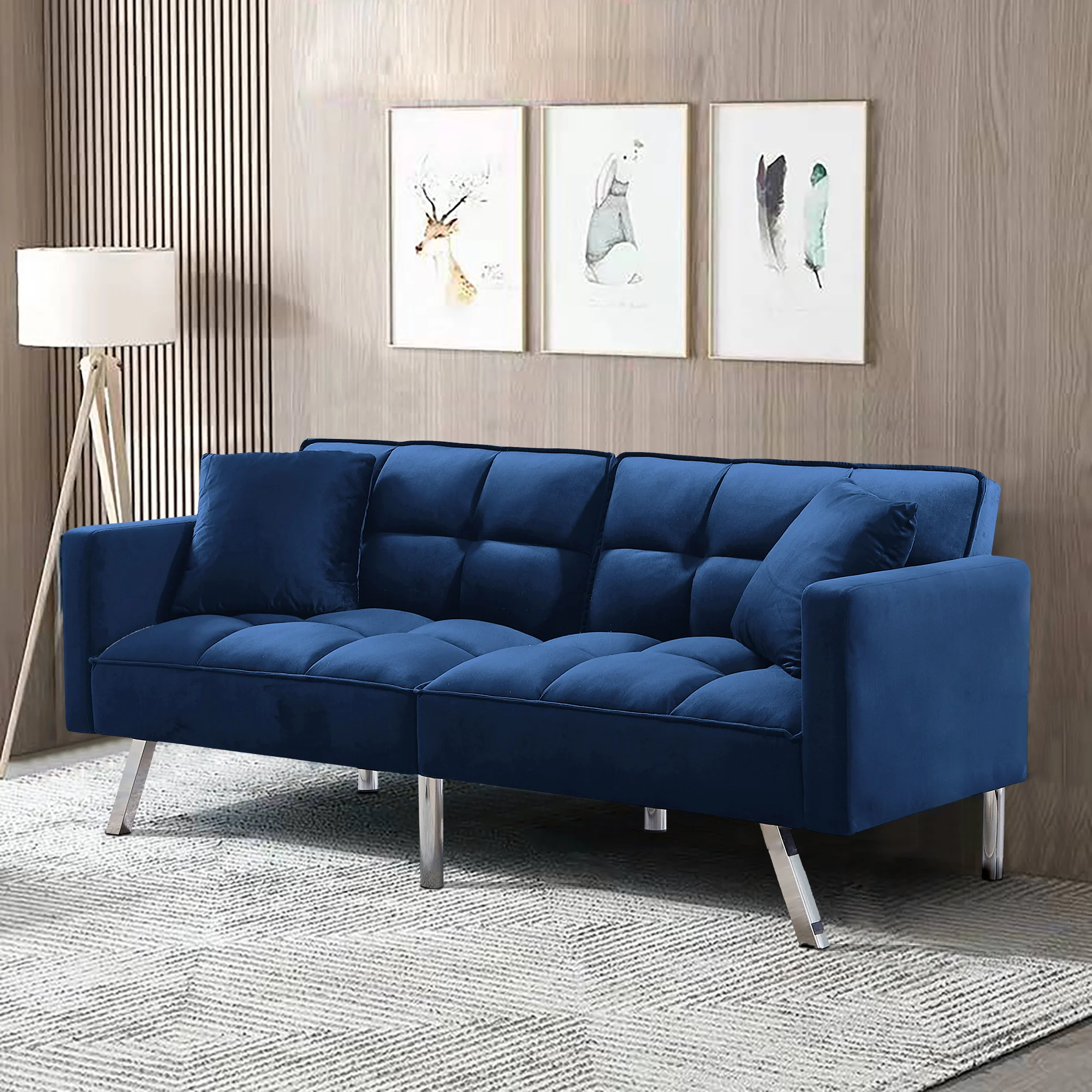 

Futon Sofa Sleeper Navy Blue Velvet With 2 Pillows Futon Sofa Bed Convertible Couch Bed with Armrests Modern Living Room Velvet