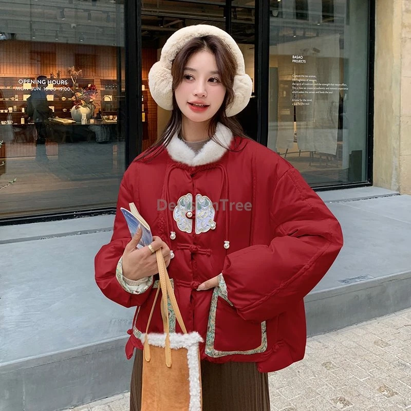 

Новинка 2025 года, красный пуховик с вышивкой в китайском стиле, винтажное элегантное зимнее пальто с литературным искусством, повседневное универсальное женское теплое пальто