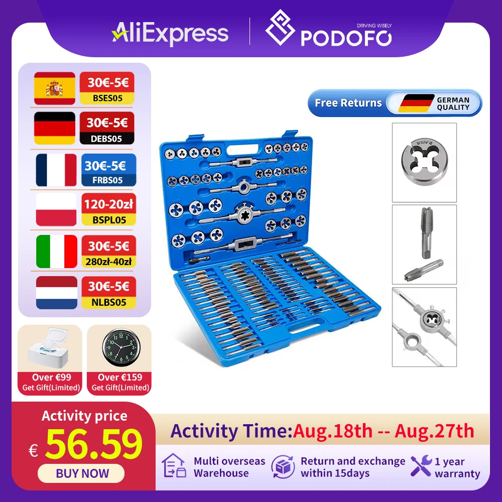 Podofo 110 pz/set M2‐M18 Maschi Filettatura Dado Fustelle Con Manico Chiave Heavy Duty Han per Riparazione Taglio