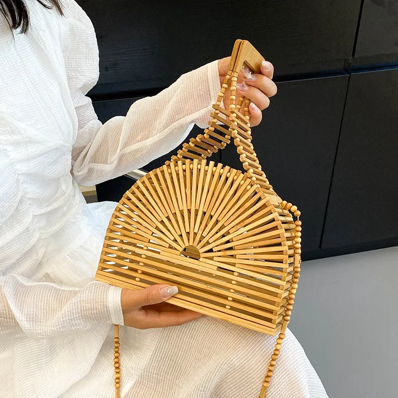 Handmade Bamboo Semicircle Handbag Hollow Out Beach Vacation Tote Bead Handle Makeup Pouch Woven Storage Bag House Organizer