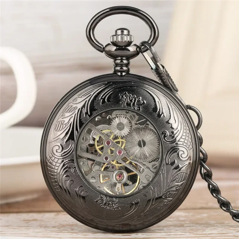 Antique Black Hollow Out Goat Handwinding Mechanical Pocket Watch for Men Women Roman Numeral Pendant Chain Timepiece Gift