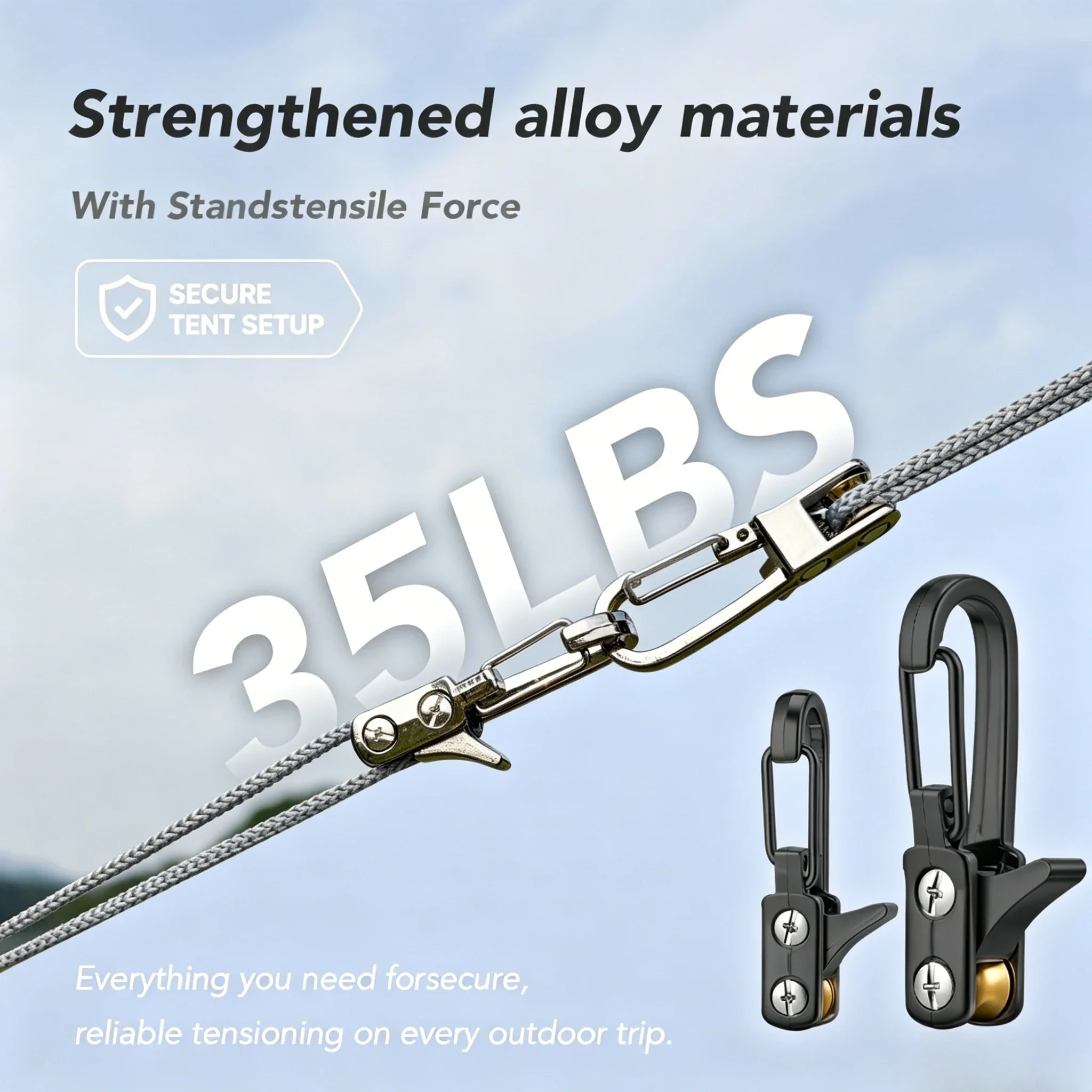 Rope Set with Roller Tensioner, Metal Pulley Camping Tent Securing Rope, Equipped with Safety Lock, Adjustable Rope Hook Fastene
