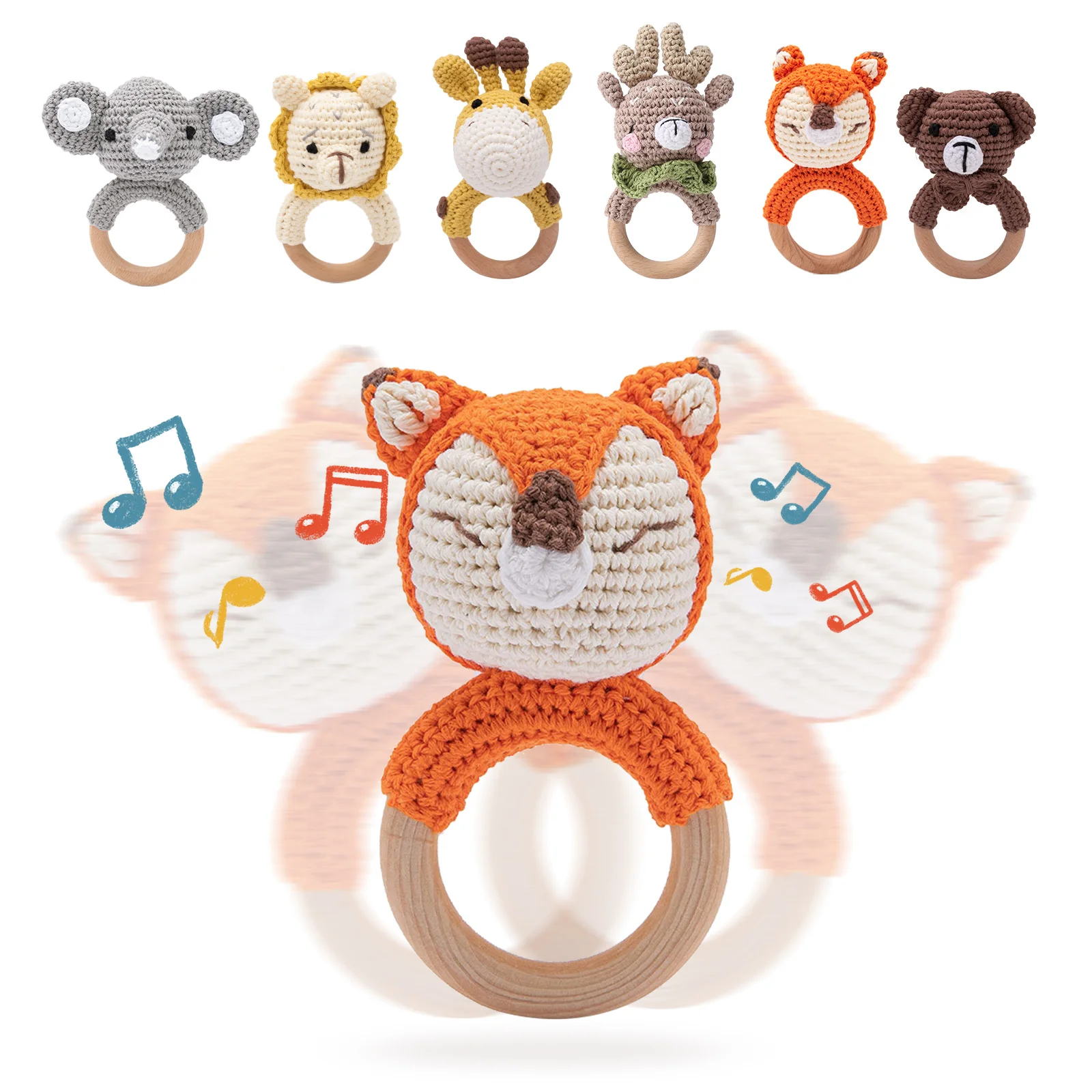 Wooden Baby Rattle Toys, Newborn Crochet Bear Rattle Toy Natural Wood, Shaker Rattle for Hand Grips, Boy Girl First Rattle Gift