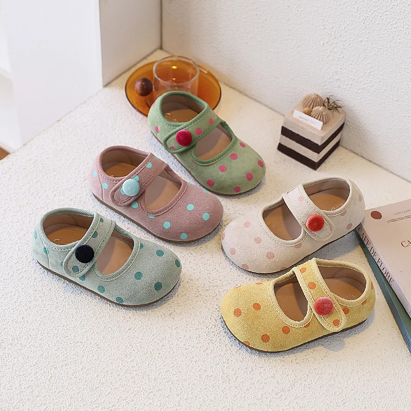 

Korean version versatile girls' princess shoes, polka dot baby single shoes, soft soled retro suede children's bean shoes