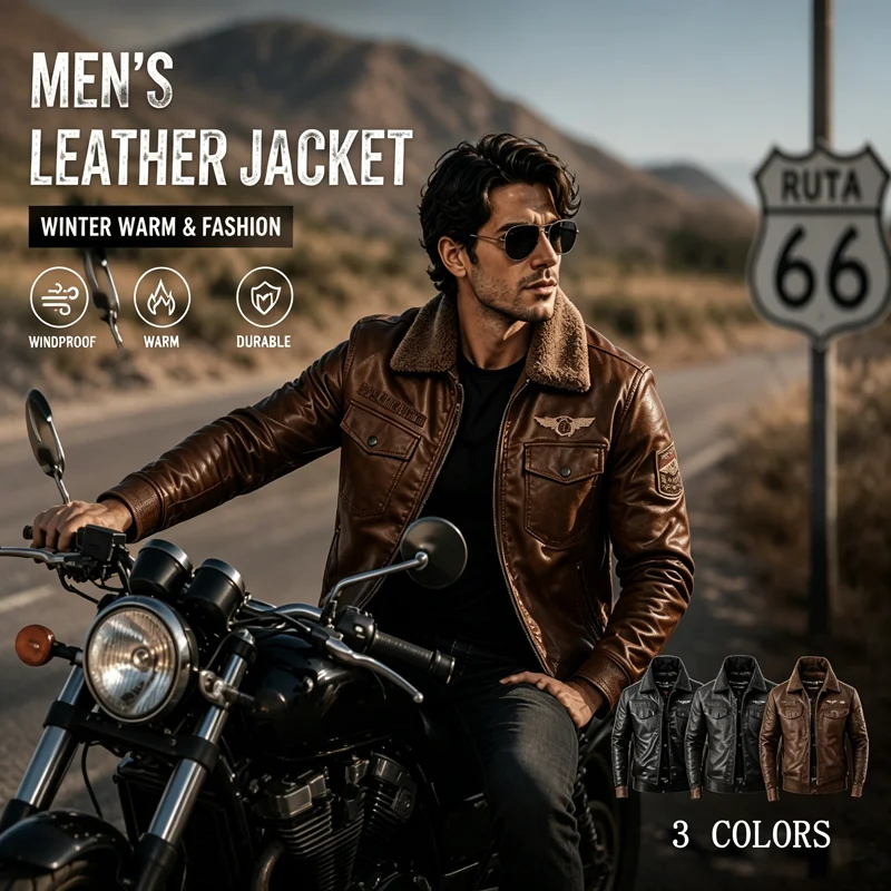 Winter Men's PU Leather Jackets Fashion Man Embroidery Streetwear Motorcycle Biker Coats Man Fur Collar Moto Faux Leather Jacket