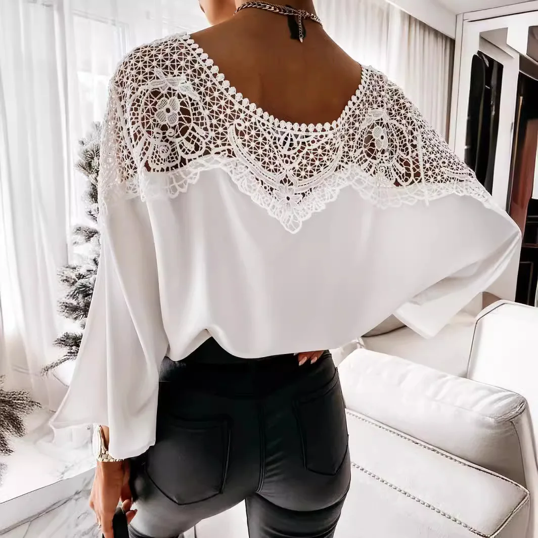 

2025 Spring and Autumn New Long Sleeve Lace Shirt Solid Color Commuter Top Crew Neck