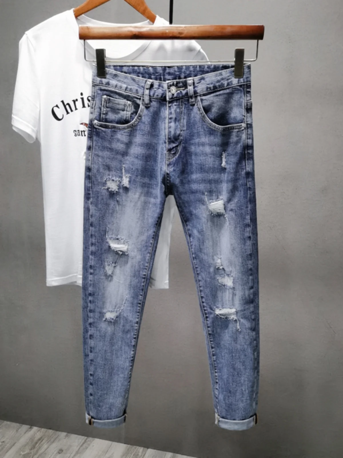 

Summer High-End Men's Denim Jeans Patched Hole Waed out Sle Slim Fit Straight Leg Korean Version Long Pants Casual Wear