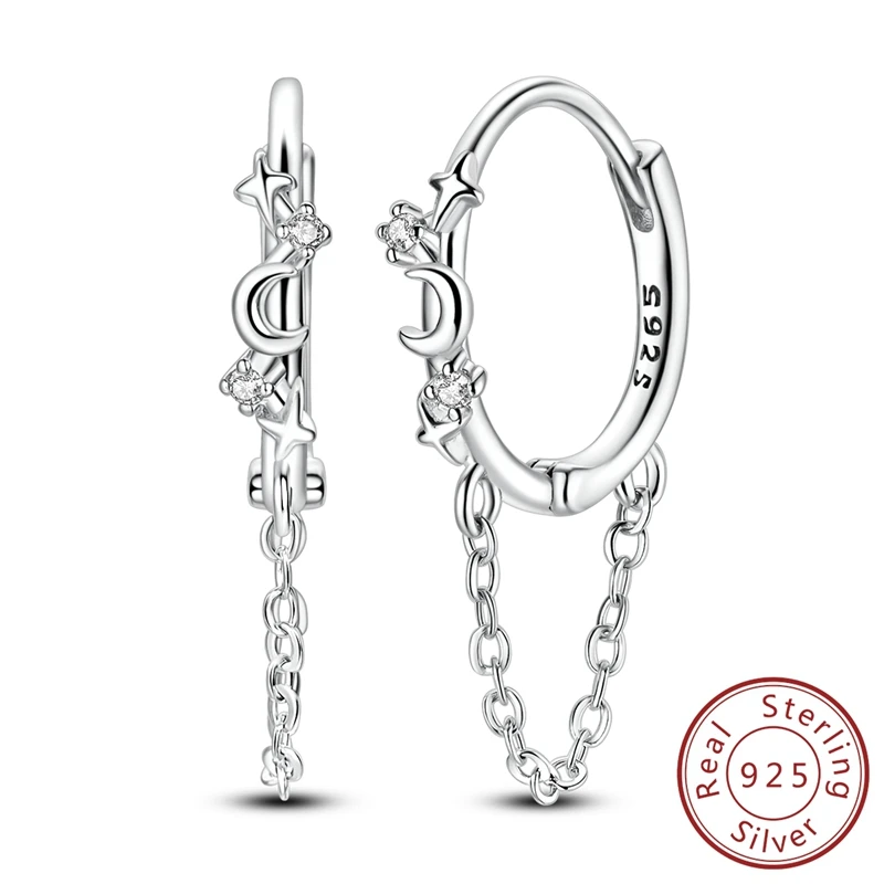 

Popular 100% 925 Sterling Silver Starry Moon Tassel Hoop Earrings For Women Luxury Jewelry Gifts