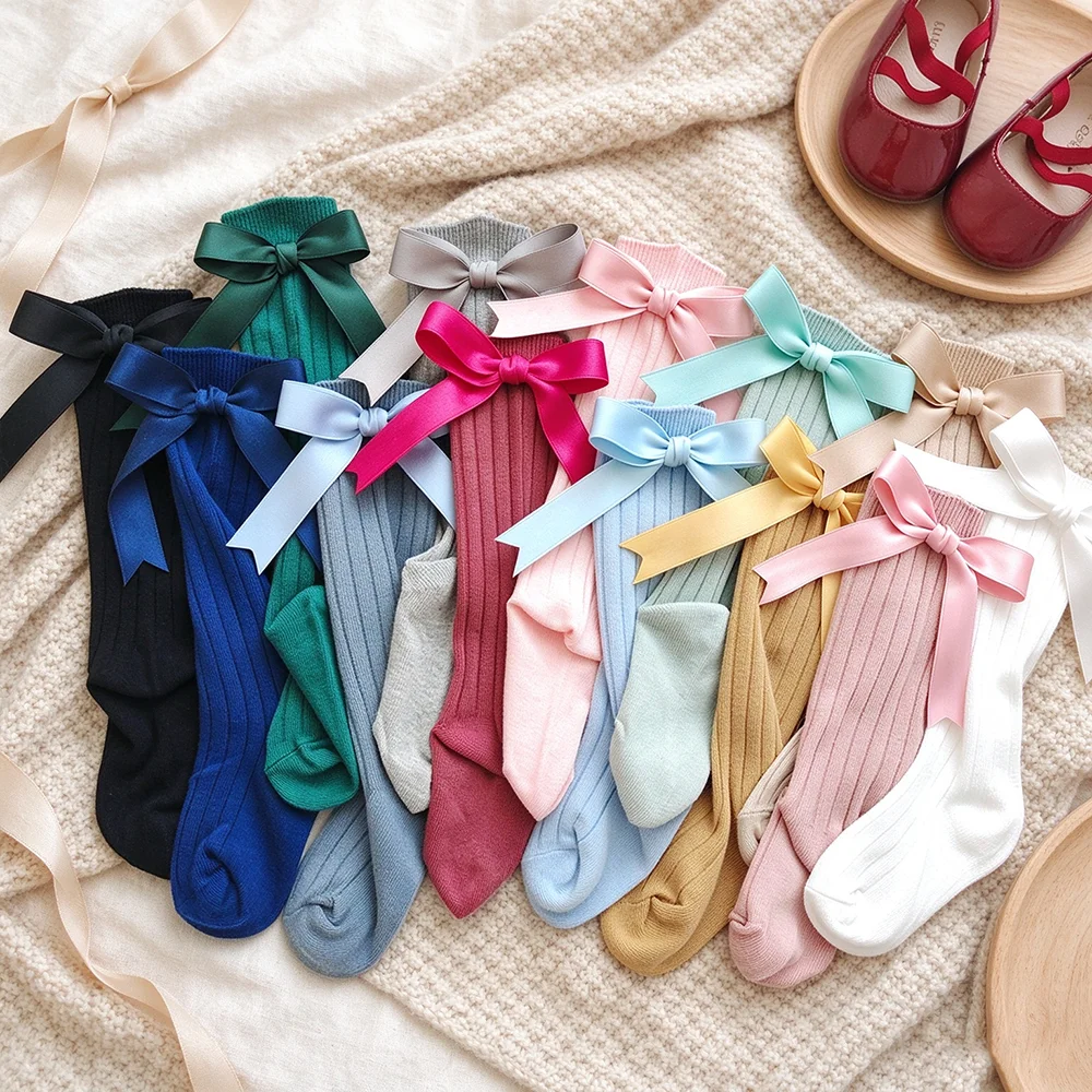 Candy Colors Autumn Winter Toddlers Girls Knee High Long Socks With Bows Soft Infant Baby Stockings Kids Children Cotton Socken