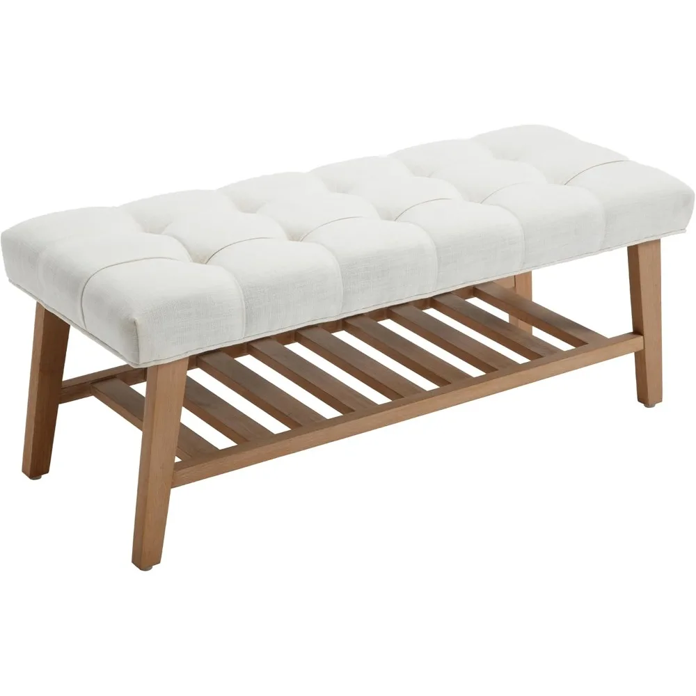 

Boho Storage Bench for Living Room, Entryway, Hallway, Bedroom - Upholstered Linen Beige Shoe Bench with Storage and Rack