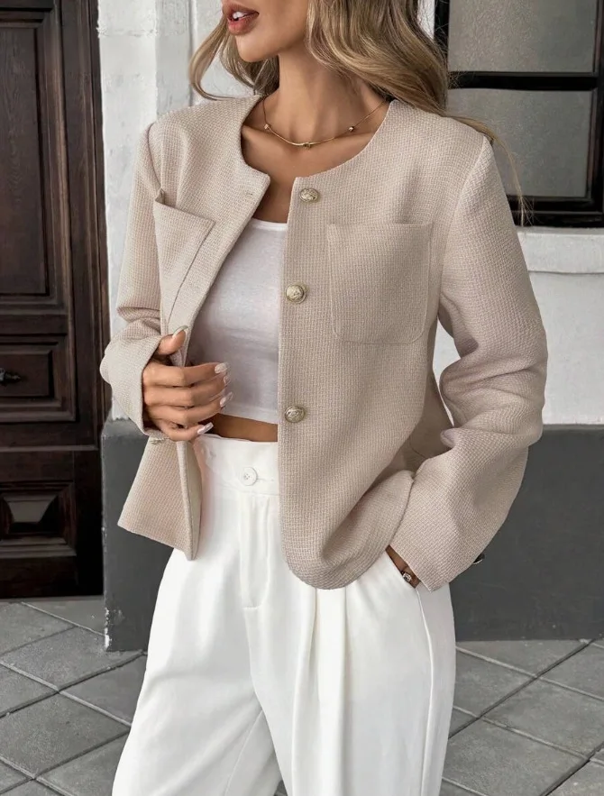 Women Round Neck Tweed Cropped Blazer Long Sleeve Button Front Pocket Short Jacket Elegant Casual Office Outerwear For Women