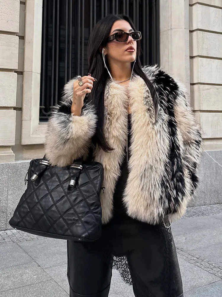 HH レディース 冬新作 フェイクファー風 クルーネック 長袖 暖かいジャケット 隠しバックル カラーブロック装飾 カジュアルコート