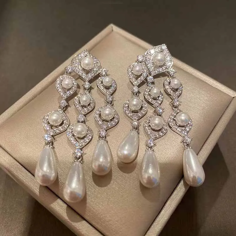 Pure silver European and American long style women's tassel water droplet earrings with high-end and full diamond temperament