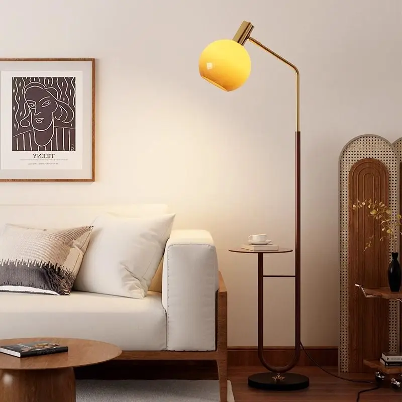 Mid Century Modern Pomelo Shape Floor Lamp with Side Table and Storage Shelf Dimmable for Living Room Sofa Bedside Floor Lamp