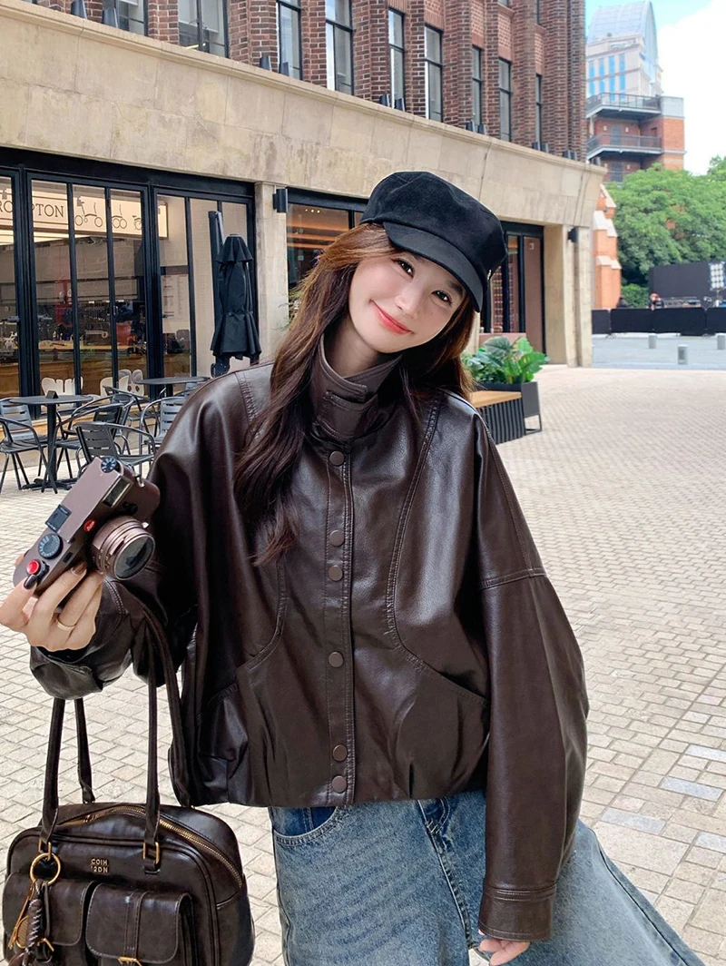 Women Faux Leather Jacket Stand Collar Snap Button Coat Oversized Drop Shoulder Bomber Y2K Retro Streetwear Autumn Outerwear Top