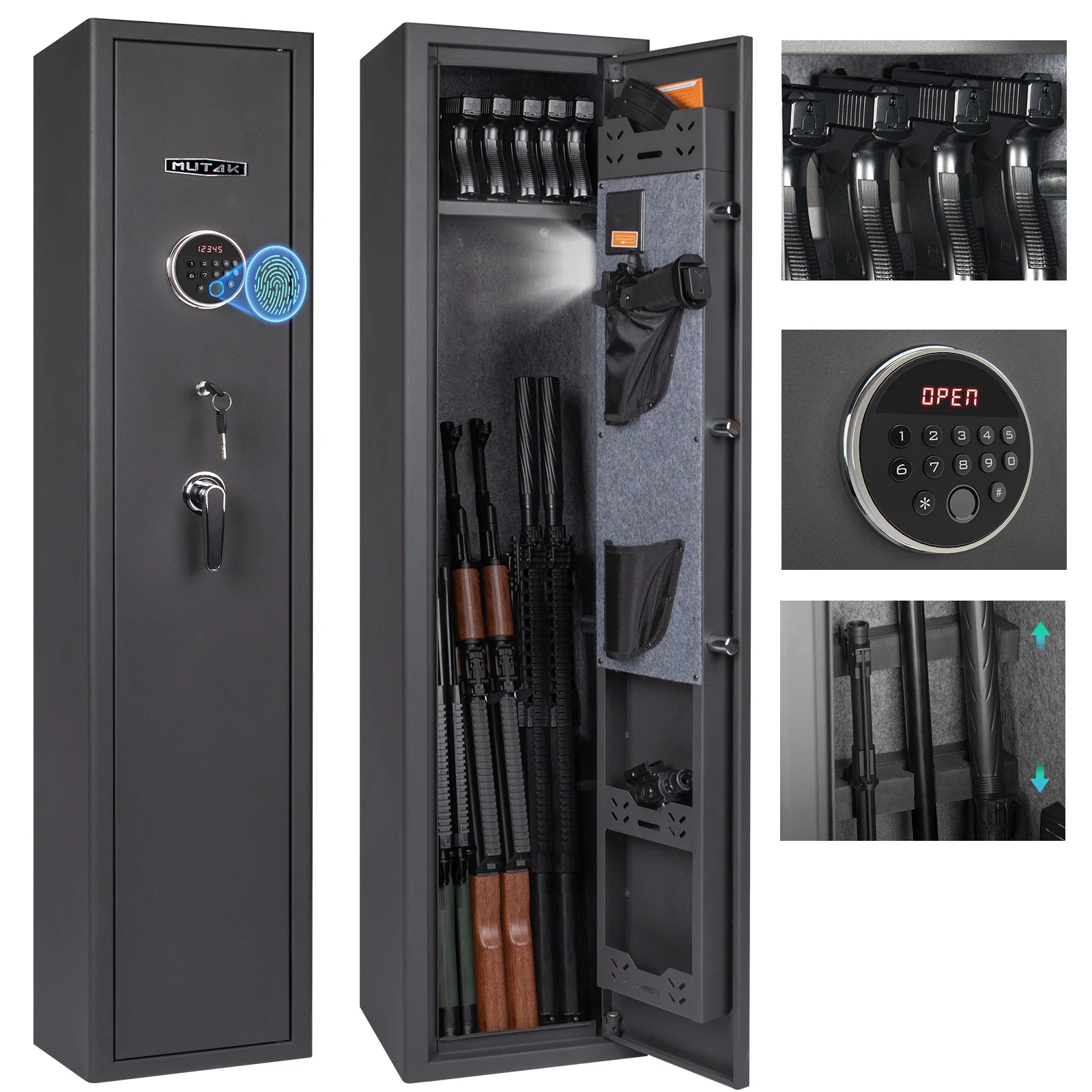 Mutak 3-8 Rifles Gun Safe for Home Rifles Pistols, Biometric Gun Cabinet with Fingerprint/Keypad/Key, with Locker Removable Shelf