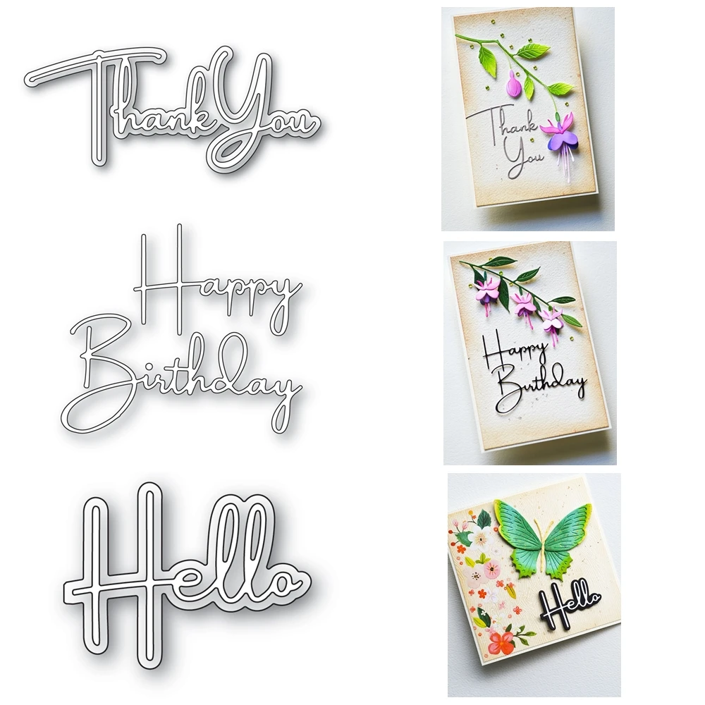 New June 2024 Happy Birthday Hello Thank You Breezy Script Metal Cutting Dies for Scrapbooking Frame Card Craft Supplies