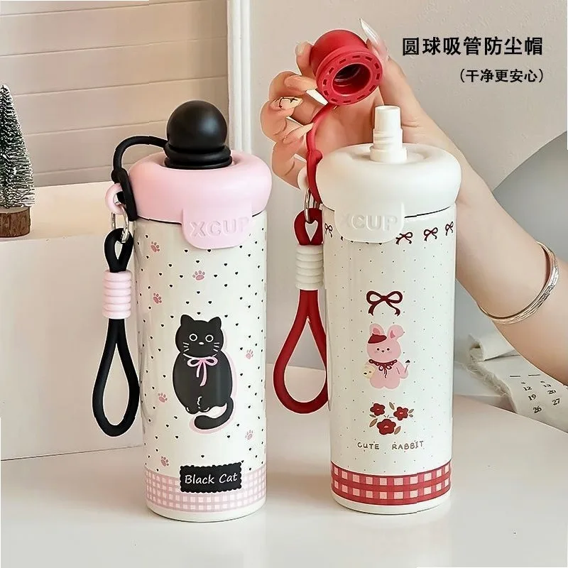 316 Stainless Steel Insulated Straw Tumbler with Floating Ball Lid, Leakproof Portable Travel Water Bottle with Rope for student