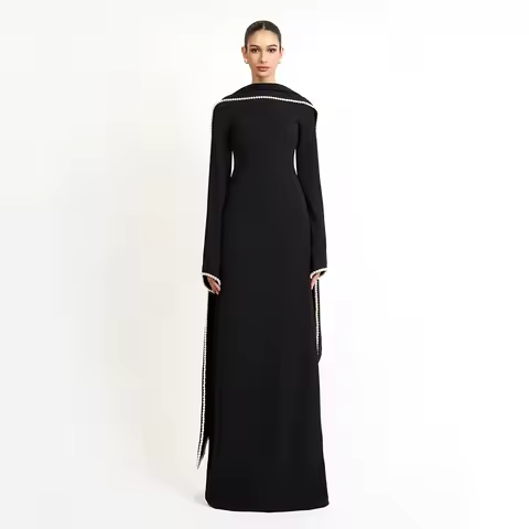Customized Wedding Party Dress Black A Line Pearl Long Sleeves O Neck Evening Gown Long Shawl Saudi Arabian Formal Evening Dress