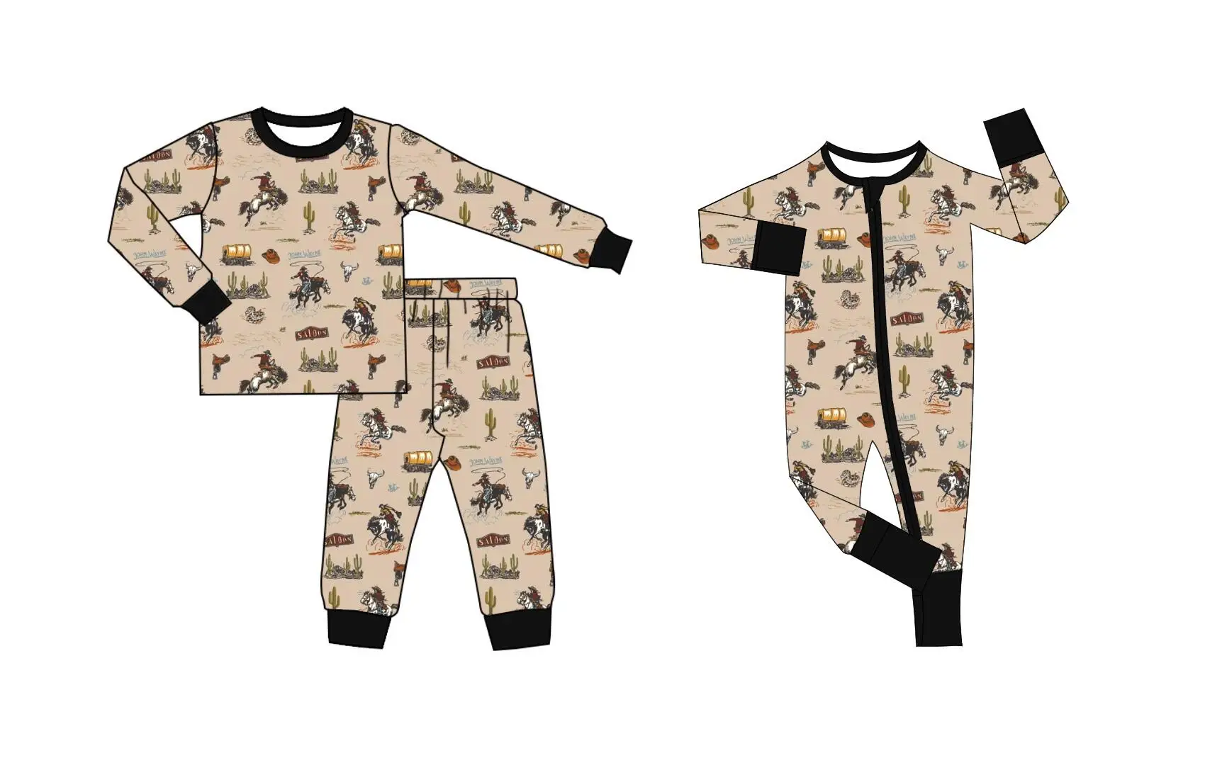 Boys series of high-quality children's sets long-sleeved horse racing cactus print trousers boys pajamas baby zipper jumpsuit