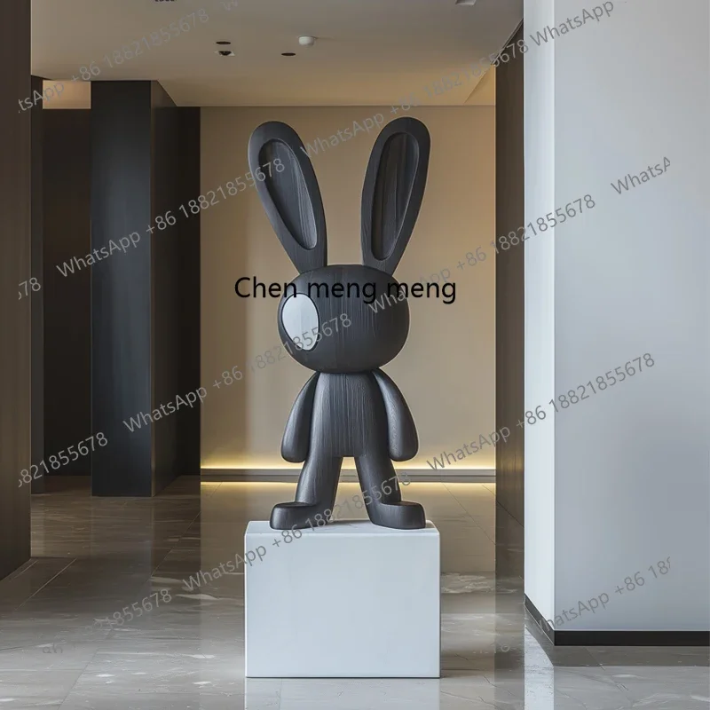 A74Hotel lobby rabbit solid wood sculpture ornament large floor decoration art installation