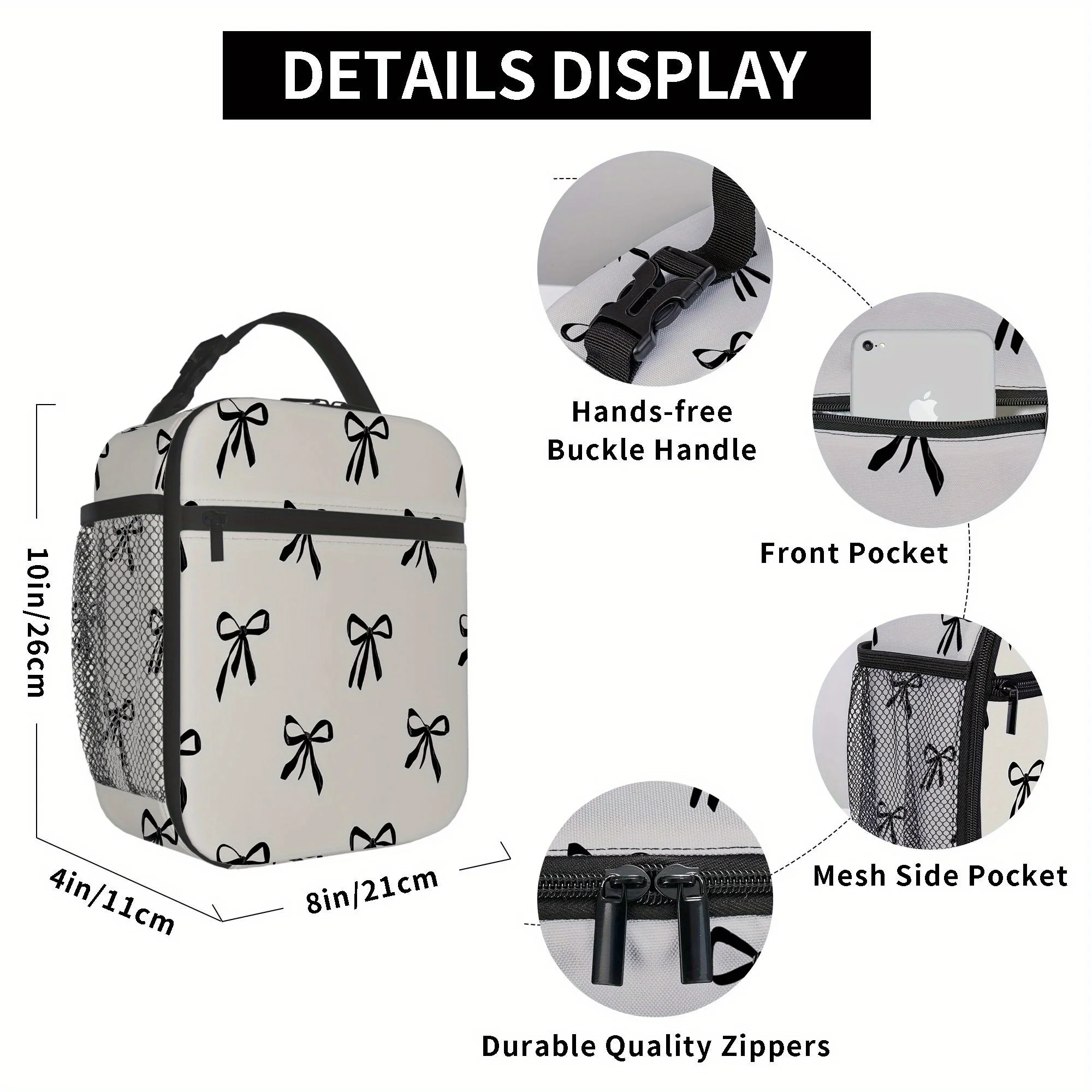 1pc a Thermal Bag Featuring Black Bows on a Light Background. This Insulated Bag Is Not Intended for Food Contact And Is Suitabl