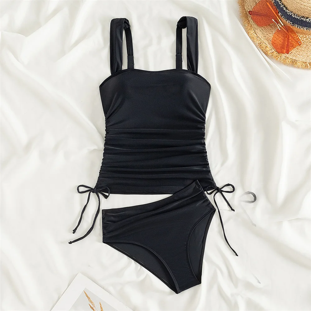 

Винтажное бикини на бретелях, черный Y2K, плиссированный купальник на шнурке, морщинистый отпускной купальник, женские пляжные наряды с эффектом пуш-ап, купальные костюмы