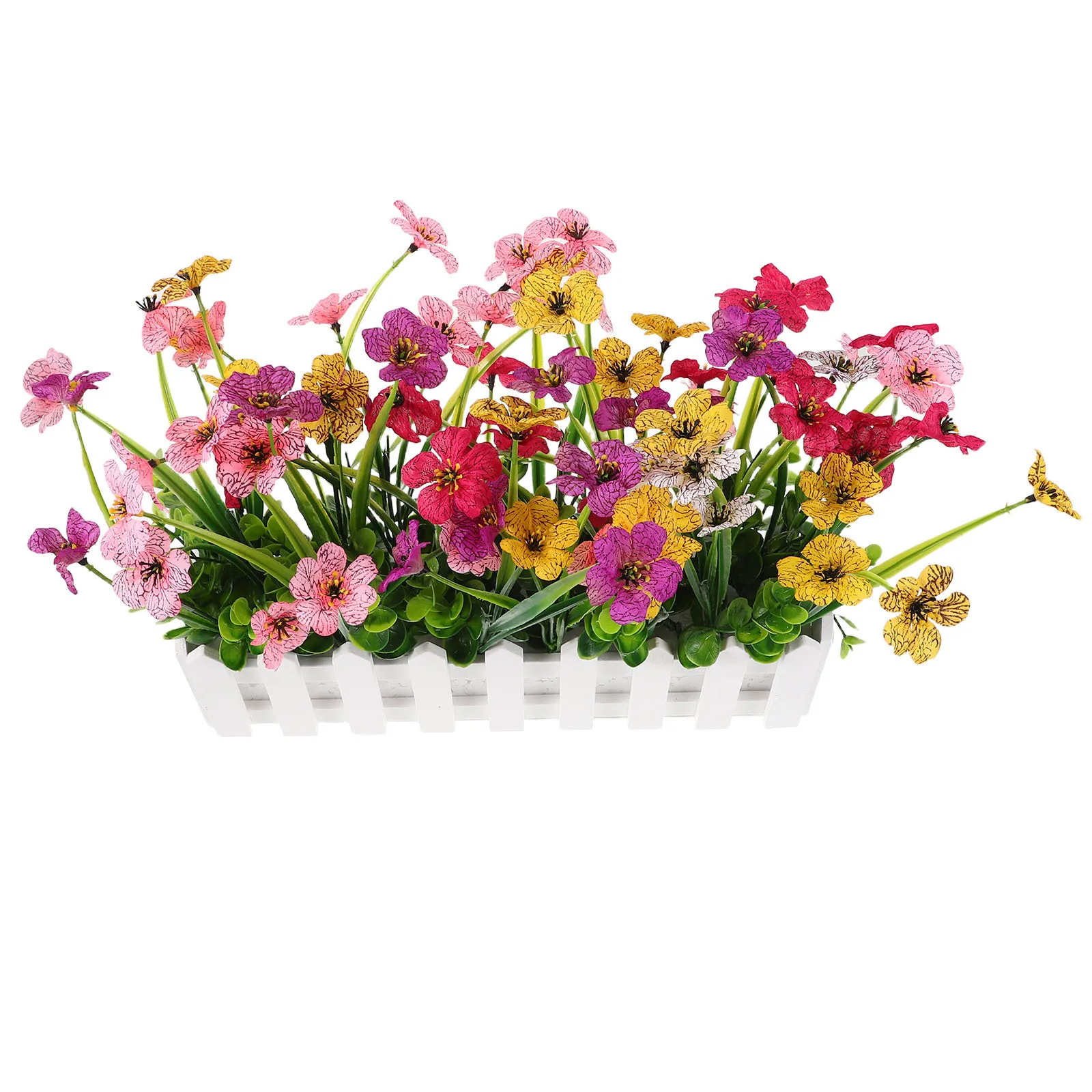

Artificial Flowers Plants Realistic Faux Violet Flowers in Wooden Fence Pot Indoor Home Decor Wedding Table Centerpieces