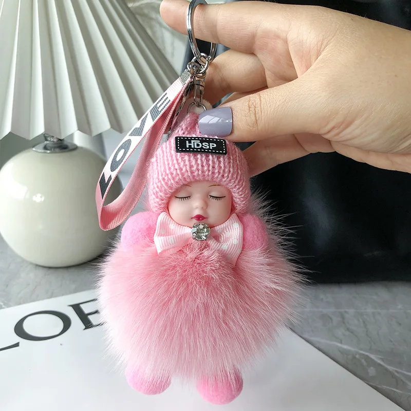 Lovely Sleepy Baby With Pretty Smooth Fox Fur Bag Chain Key Ring K011