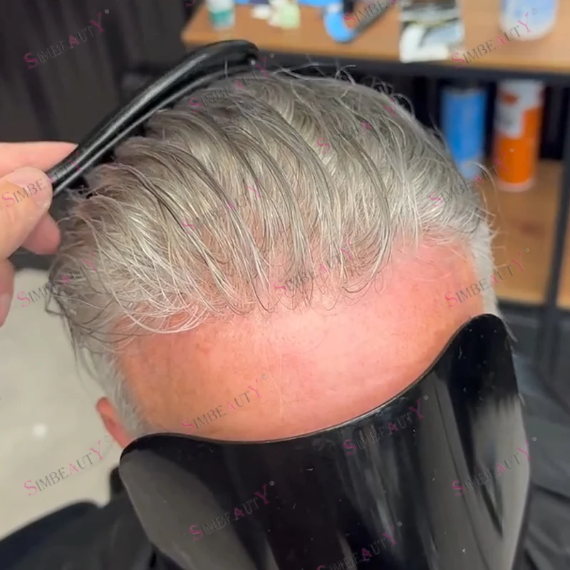 شعري طبيعي واقعي 80 كثافة أبيض أشقر رمادي بني أسود مايكرو رقيقة الجلد قاعدة الرجال الشعر المستعار الرجل العجوز نظام الشعر البشري