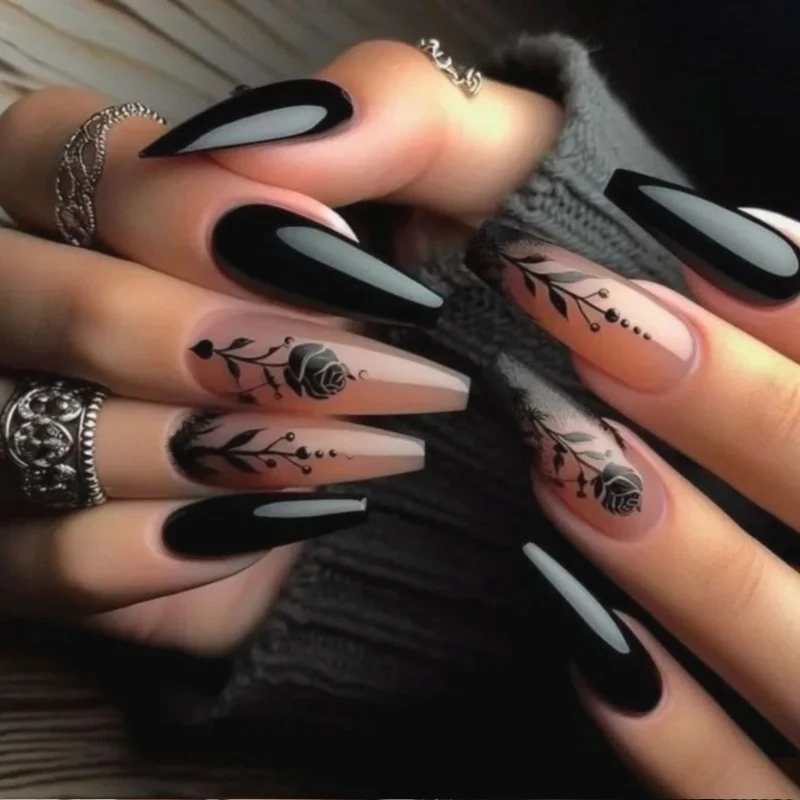 

24 шт., готический розовый пресс на ногтях, форма гроба, черный с ветвями, листьями, дизайн, накладные ногти, пряный стиль девушки, носимые накладные ногти