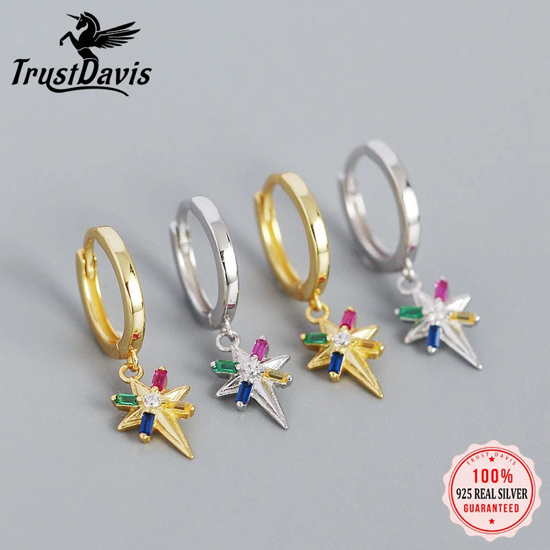 TrustDavis 925 Sterling Silver Fashion Colorful Eight-pointed Star Hoop Earrings for Women Birthday Gift Jewelry DA1971