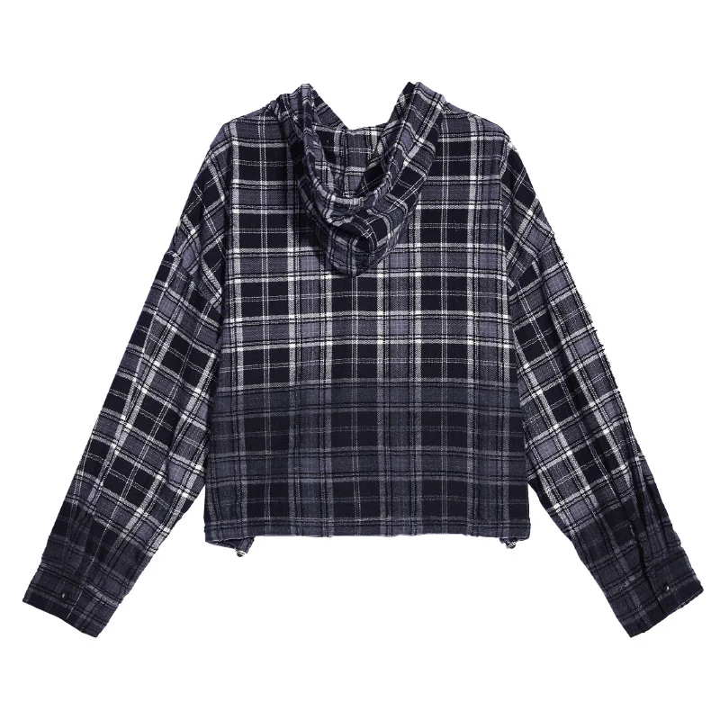 Women Autumn Hooded Shirts Gradient Cotton Long-sleeved Plaid Blouses  American Street Loose Trend Casual Tops Clothing Female