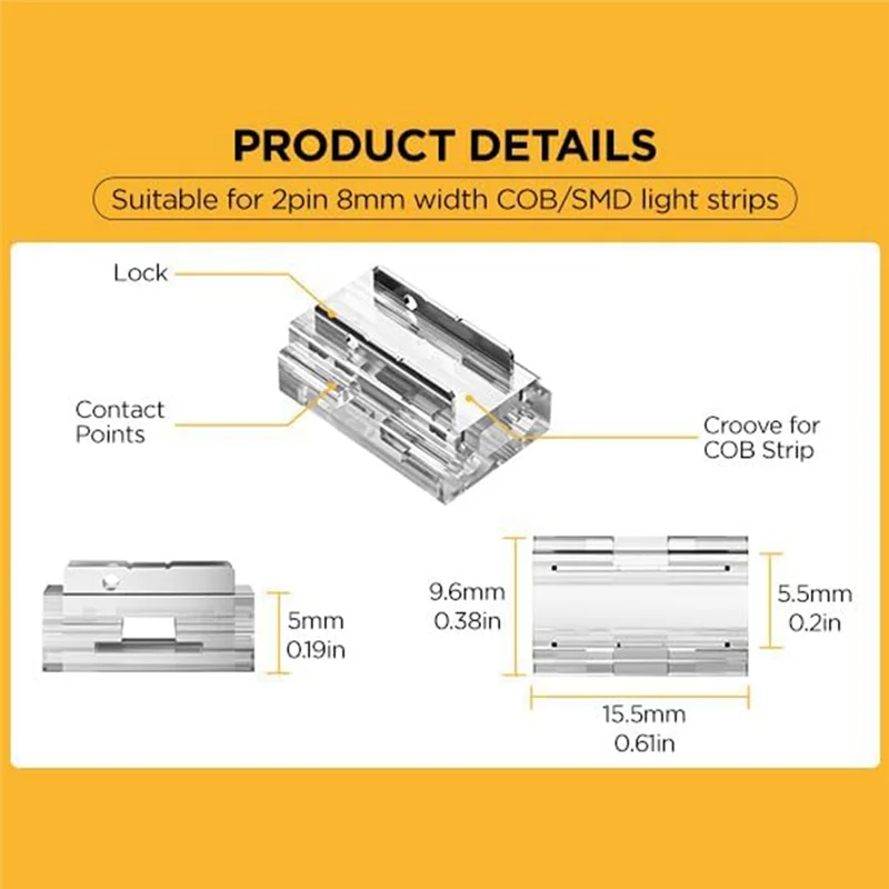 RMWIN-20 Pack LED Strip Connectors 8Mm 2-Pin COB LED Strip Light For Non-Wired Gapless Solderless