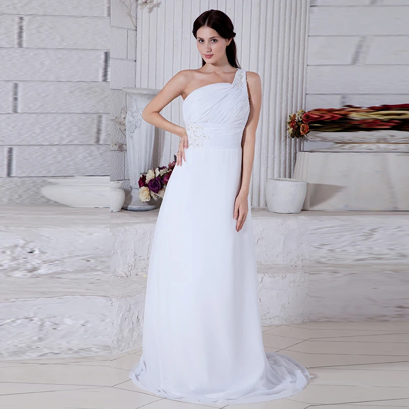 

Women One Shoulder Sleeveless Backless Evening Dress White Chiffon Beaded A-Line Long Dress Classic Elegant Banquet Dress 2022