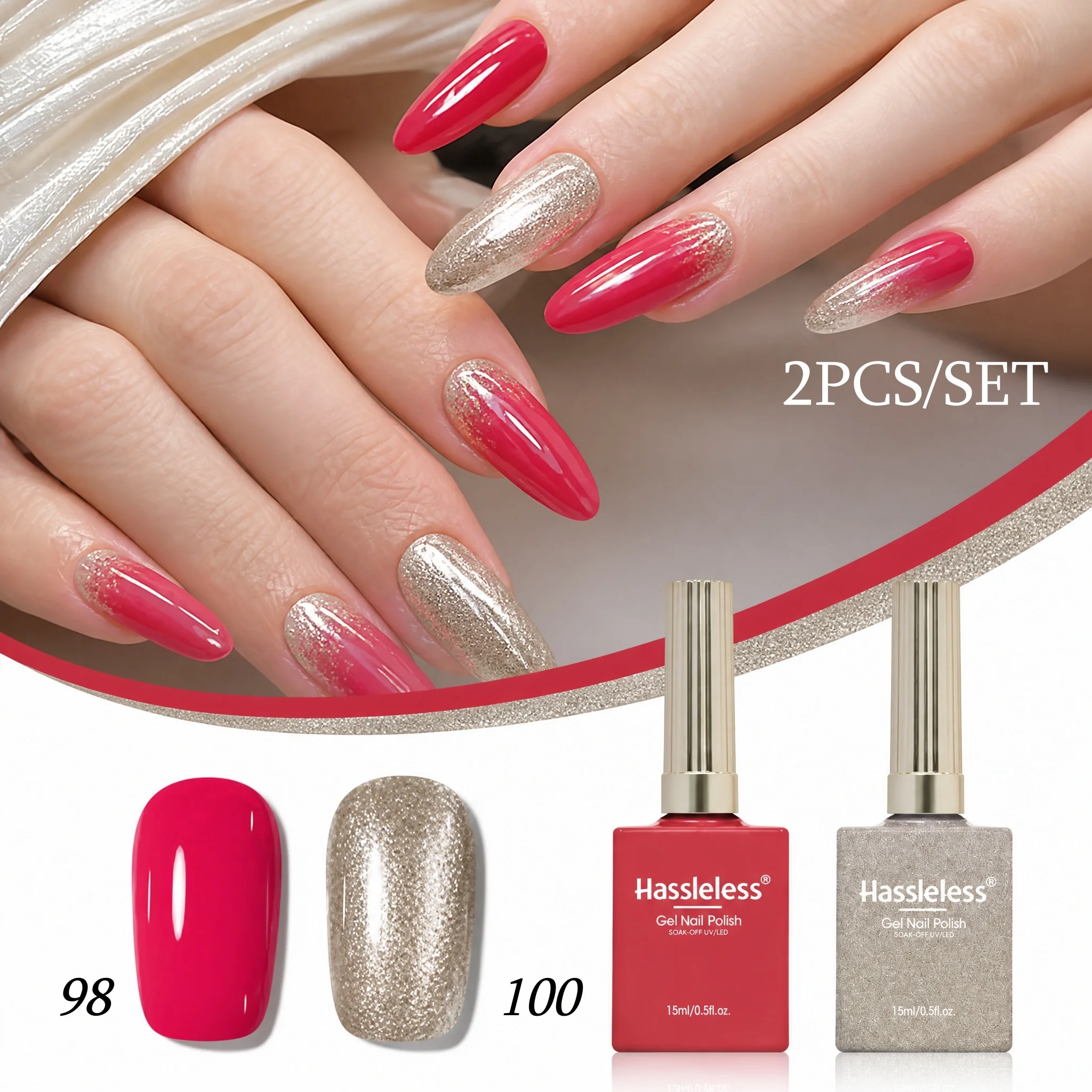 Hassleless 2Pcs Solid Color+Glitter Gel Nail Polish Set, 0.5 oz Each Bottle, for Daily Home Use, Dust-Proof Design, Helps You Stand Out
