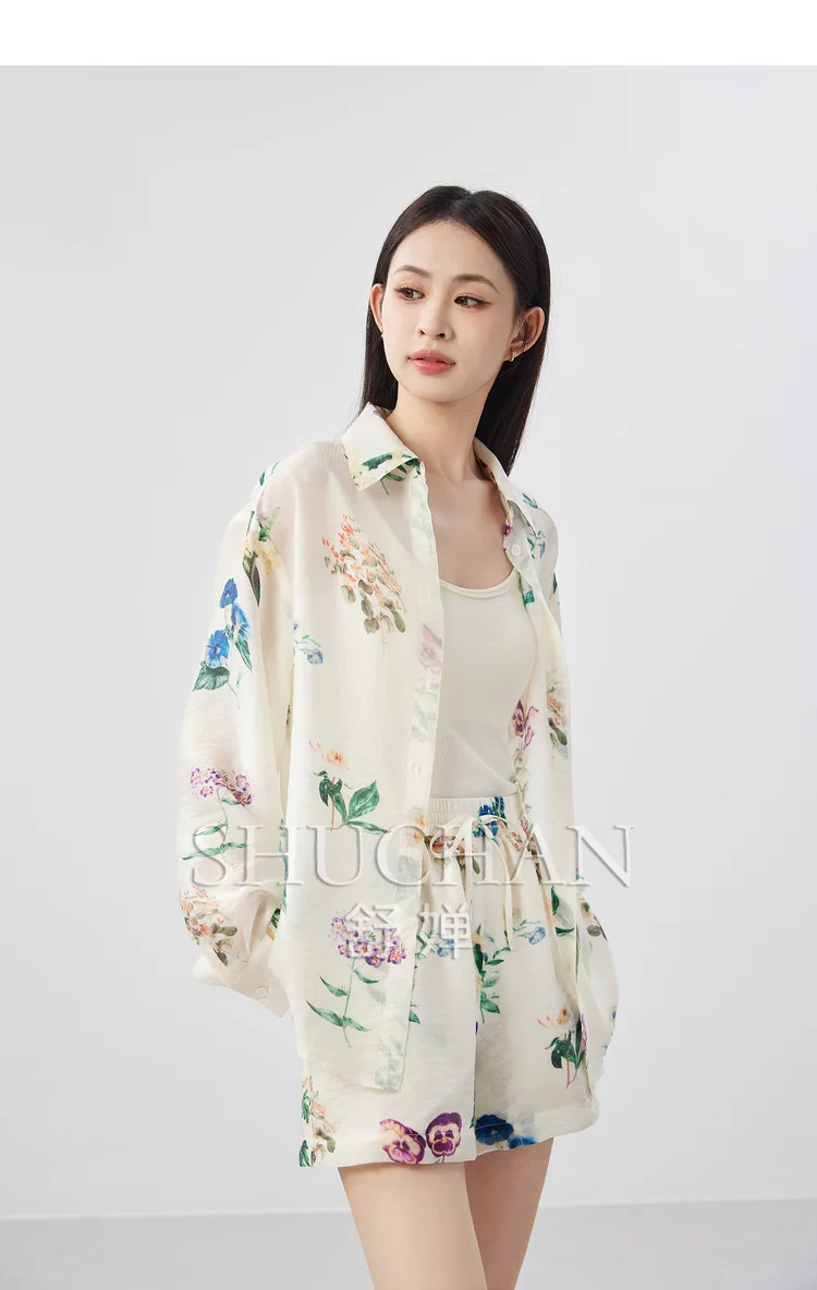 

2024 summer new high quality summer 2 piece outfit flower print shirt long sleeve+shorts women summer clothing for women