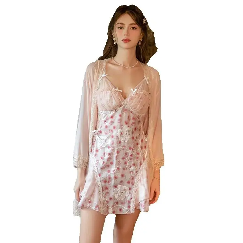 Pink Chiffon Shiny Silk Floral and Chest Cushion Pleated Mesh Backless Sweet Temptation Nightgown Outerwear Set