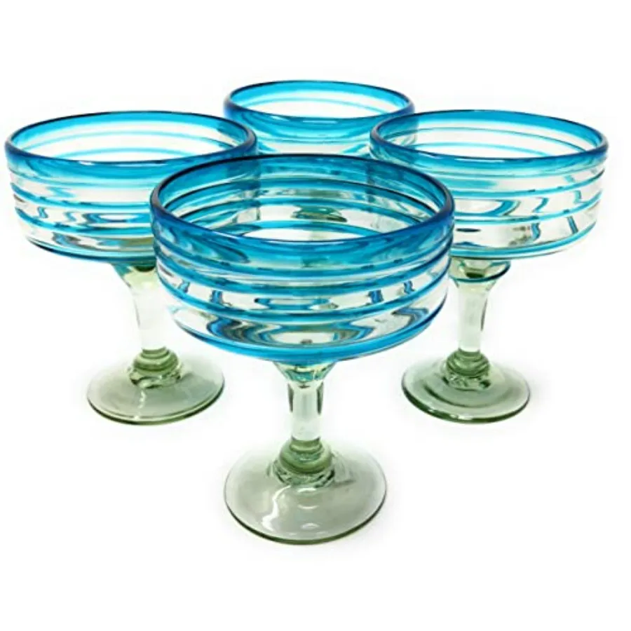 Conjunto de vidro soprado à mão mexicano com 4 copos de margarita de 16 onças com design em espiral aqua perfeito para coquetéis e reuniões de verão