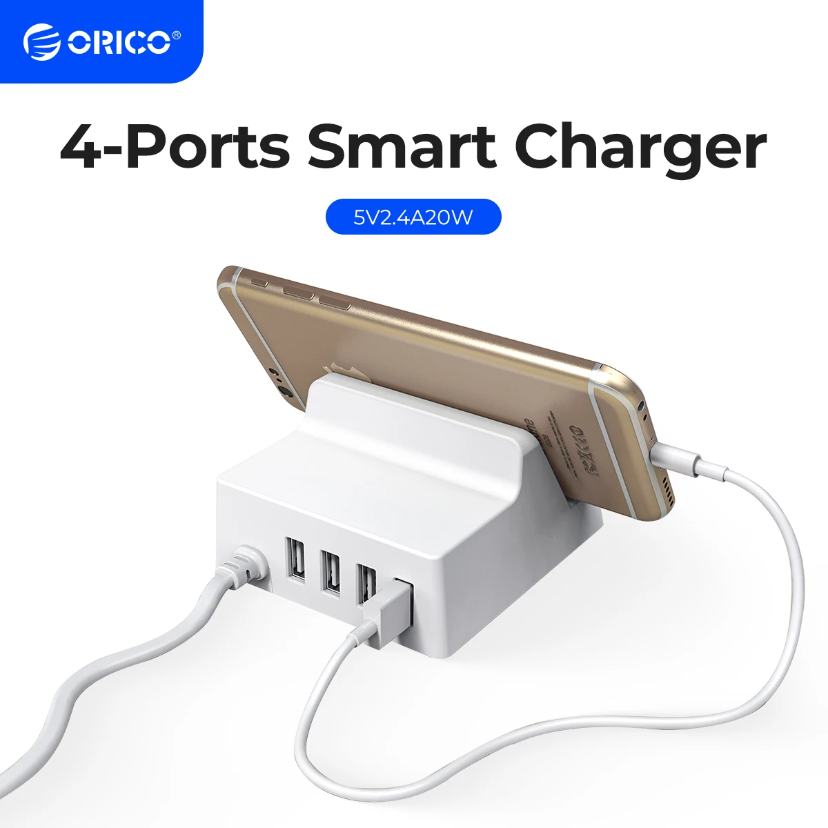 ORICO-Desktop Smart Charger with Holder, USB Charger, 4 Ports, Phone, Tablet Mount, iPhone, Samsung, Xiaomi, HUAWEI, Smartphone