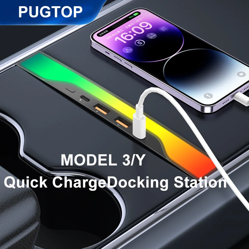 

Умная док-станция RGB Ambient Light для Tesla Model 3/Y USB-концентратор 4-портовый 27 Вт PD Адаптер быстрого зарядного устройства Разветвитель шунта питания